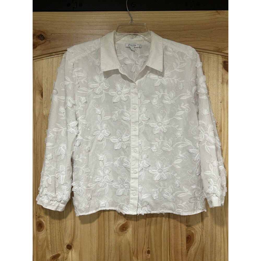 Chicos Floral Cotton Voile Collared Shirt Button Down White Size 3 XL